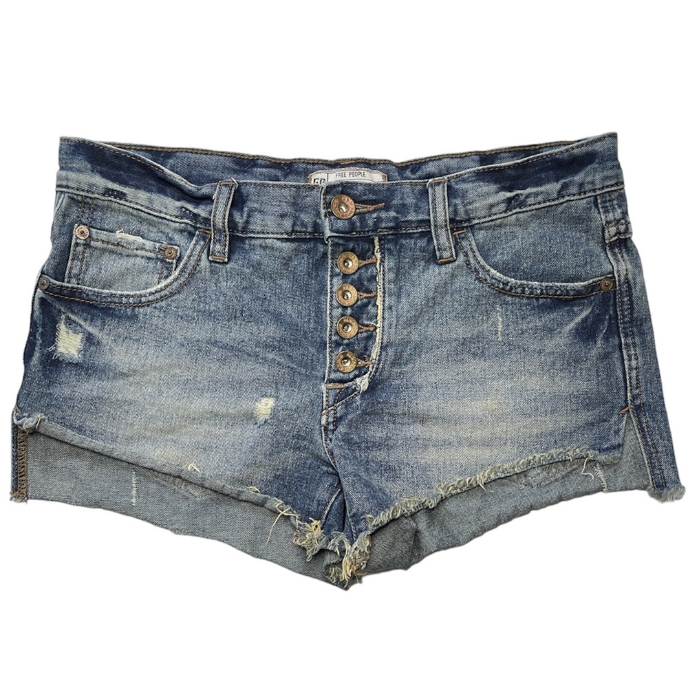 FREE PEOPLE Denim Shorts Blue Distressed Raw Hem Button Fly 32x3 Womens Size 24